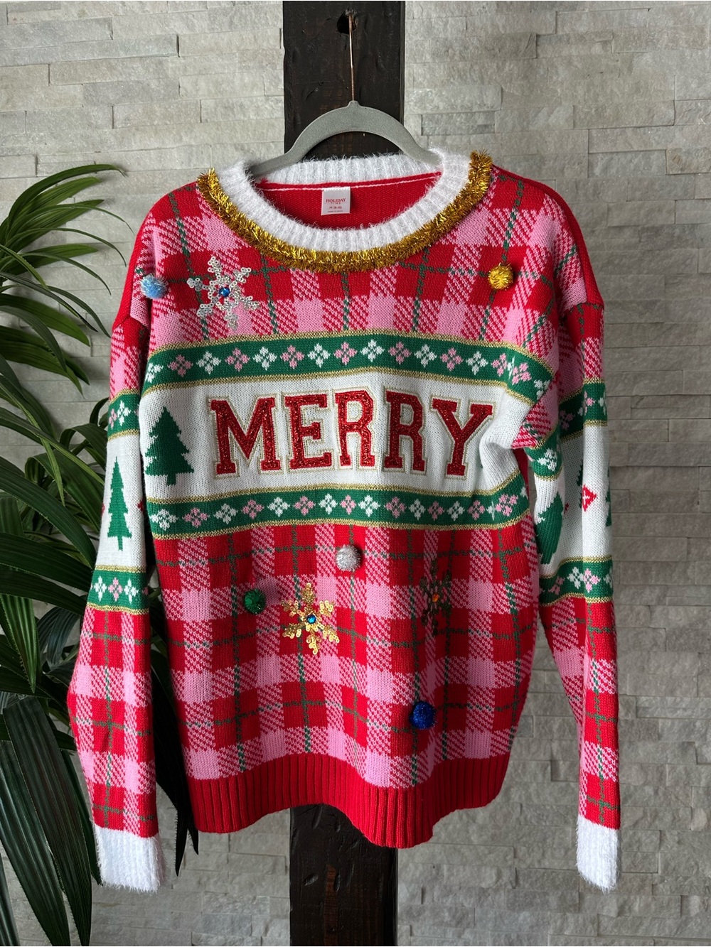 Holiday Time “Merry” Plaid Holiday Sweater Tinsel Poms Pink & Red Size M